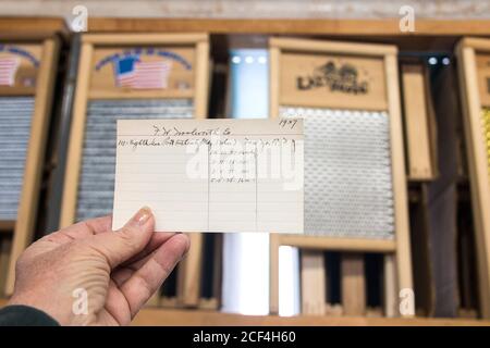 An original order card dating back to 1937 for washboards at Columbus Washboard Co., Logan, Ohio. The company makes 88 different kinds of washboards. Stock Photo