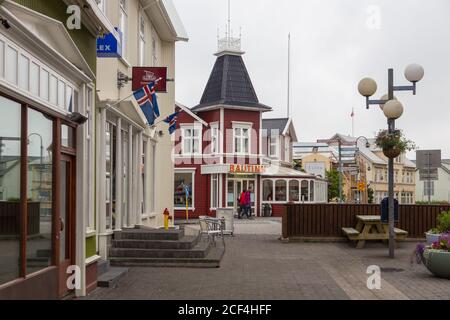 Akureyri, Iceland - 25 August 2015: View of the modern buildings of a small town in the north of the island. Stock Photo