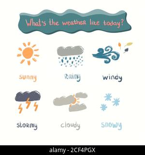 Weather icon set in cartoon style Stock Vector
