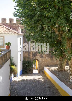 Street and alley with white painted walls at Óbidos Village in Estremadura Province - Portugal. Stock Photo
