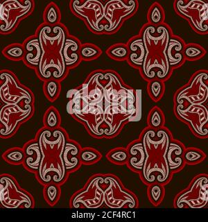 Abstract intricate pattern, oriental style. Seamless vector dark background. Red and black colors. Stock Vector