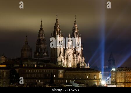 Apostle Santiago festival in Santiago de Compostela. July 24th is a city celebration with teatrical lights and fireworks in Obradoiro square in front of santiago de Compostela Cathedral Stock Photo