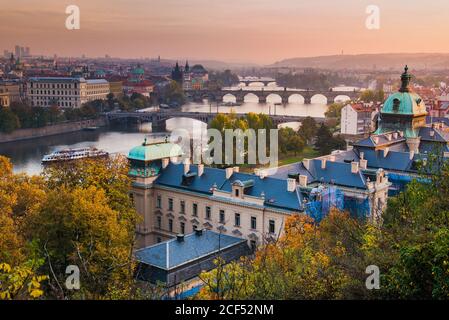 View Over Straka Academy to the Bridges of Prague on Sunset