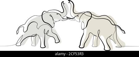 Two Elephants fighting. Continuous one line art drawing. Vector illustration. Color isolated on white background. Stock Vector
