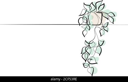 House plant in pot. Continuous one Line drawing. Isolated colored on White Background. Vector illustration. Stock Vector