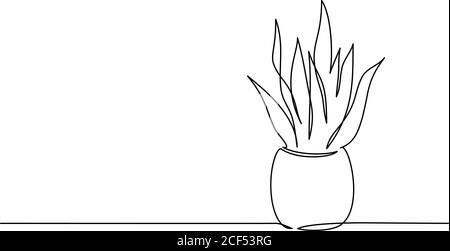 House plant in pot. Continuous one Line drawing. Isolated on White Background. Vector illustration. Stock Vector