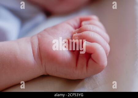 From above closeup hand of crop calm infant with pink skin and cute little fingers against blurred white bed sheet in light bedroom Stock Photo