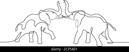 Two Elephants fighting. Continuous one line art drawing. Vector illustration isolated on white background. Stock Vector