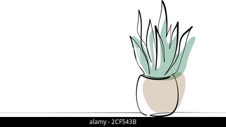 House plant in pot. Continuous one Line drawing. Isolated colored on White Background. Vector illustration. Stock Vector