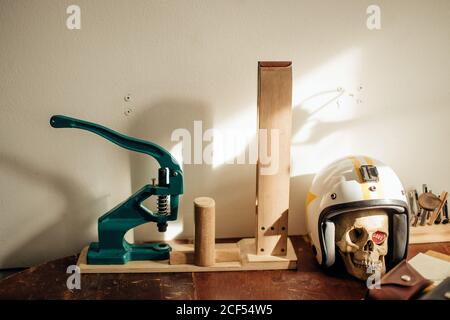 working with leather using crafting DIY tools Stock Photo