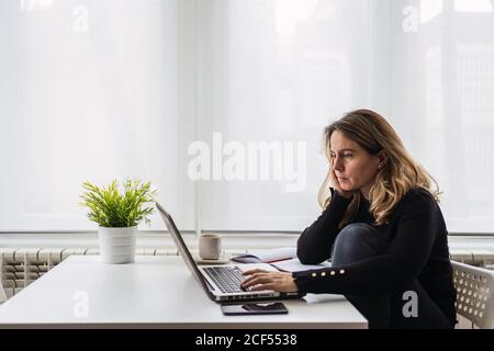 High angle side view of focused female specialist in casual wear working with electronic documents on laptop while sitting at table near window in modern room at home Stock Photo