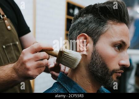 Side view of crop barber with brush near happy handsome stylish male sitting in chair in salon Stock Photo