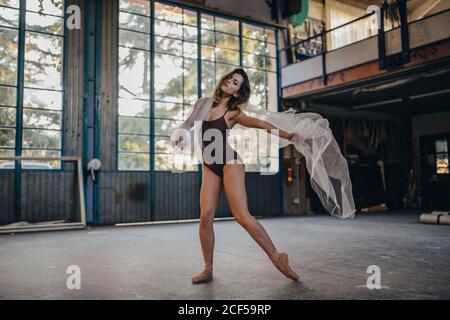 Full body of slim graceful female dancer looking at camera in black bodysuit and pointe shoes performing dance with transparent light tulle during rehearsal in studio Stock Photo