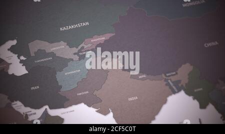 Central Asia Countries Map. Continental Vintage Map 3d Rendering. Stock Photo