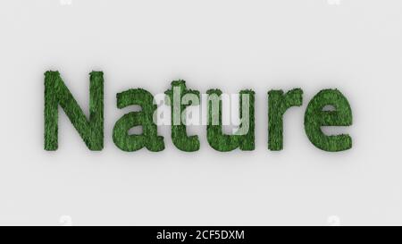 Nature - 3d word green on white background. fresh Grass letters isolated illustration. nature animals and mother, ecosystem and environment. forest, b Stock Photo
