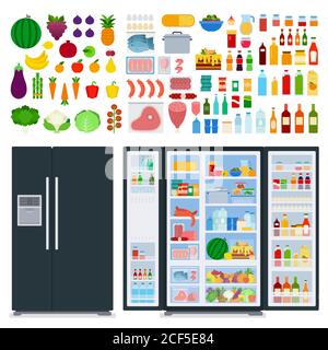 Illustration of a variety of foods and a black refrigerator vector flat icon isolated Stock Vector