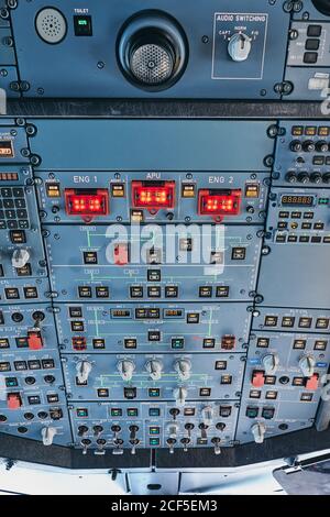 Fire buttons on control panel in cockpit Stock Photo