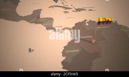 Flag on the map of Colombia. Vintage Map and Flag of South American Countries Series 3D Rendering Stock Photo