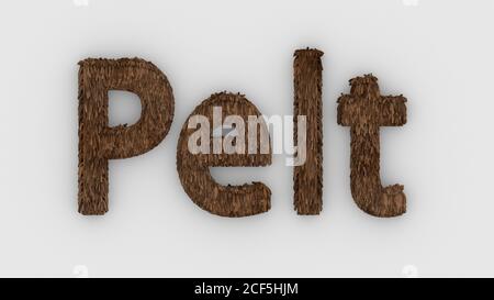 Pelt - brown word 3d isolated on white background realistic render of furry letters illustration. natural combination fur. fur pelt. animal fur. dog, Stock Photo