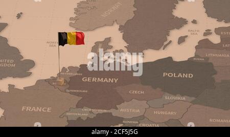 Flag on the map of Belgium. Vintage Map and Flag of European Countries Series 3D Rendering Stock Photo