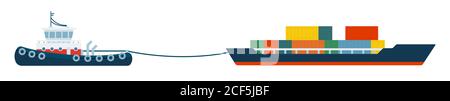 Illustration of a container loader pulling a tugboat vector flat icon isolated Stock Vector