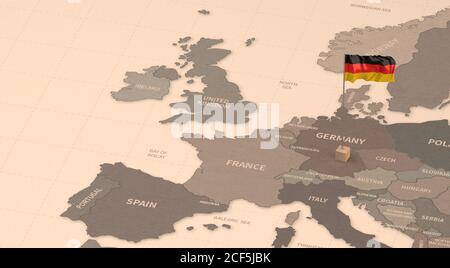 Flag on the map of Germany. Vintage Map and Flag of European Countries Series 3D Rendering Stock Photo