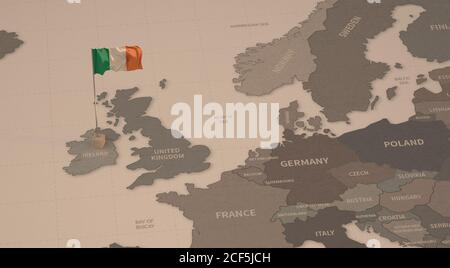 Flag on the map of Ireland. Vintage Map and Flag of European Countries Series 3D Rendering Stock Photo