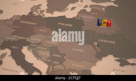 Flag on the map of Moldova. Vintage Map and Flag of European Countries Series 3D Rendering Stock Photo