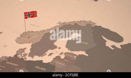 Flag on the map of Norway. Vintage Map and Flag of European Countries Series 3D Rendering Stock Photo