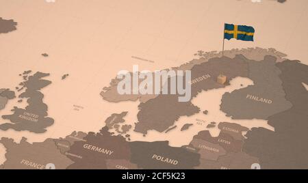 Flag on the map of Sweden. Vintage Map and Flag of European Countries Series 3D Rendering Stock Photo