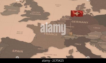 Flag on the map of switzerland. Vintage Map and Flag of European Countries Series 3D Rendering Stock Photo