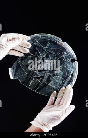 Hands of an archeologist with rubber gloves holding the authentic paten of Cástulo, a relic from forth century in Linares Jaen Stock Photo