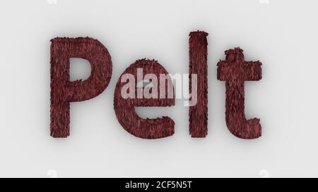 Pelt - red word 3d isolated on white background realistic render of furry letters illustration. natural combination fur. fur pelt. animal fur. dog, ca Stock Photo