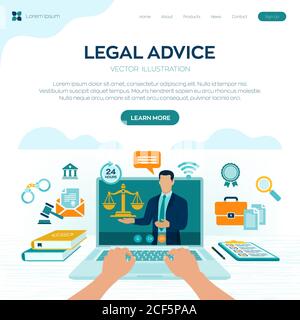 Online Legal advice concept. Labor law, Lawyer, Attorney at law. Lawyer website on laptop screen. Professional law attorney consultation online, legal Stock Vector