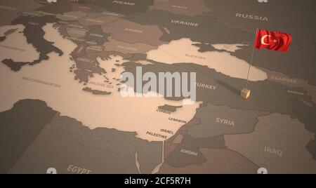 Flag on the map of Turkey. Vintage Map and Flag of Middle East Countries Series 3D Rendering Stock Photo