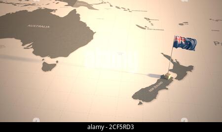 Flag on the map of New Zealand. Vintage Map and Flag of South Pacific Countries Series 3D Rendering Stock Photo