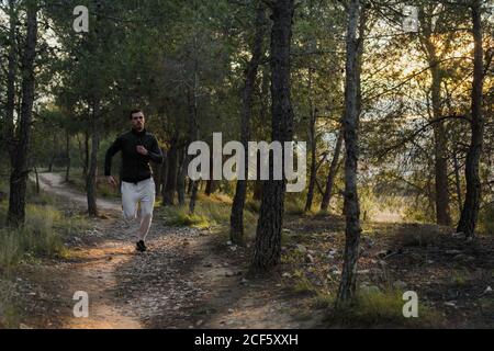Concentrated young man in tracksuit working on muscles of legs running in forest on sunny day Stock Photo