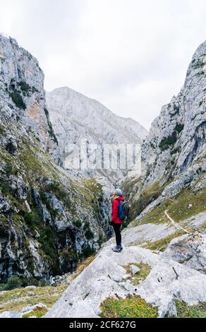 Side view of active Woman hiker in red jacket with heavy backpack looking up at mountain in peaks of Europe, Asturias, Spain Stock Photo