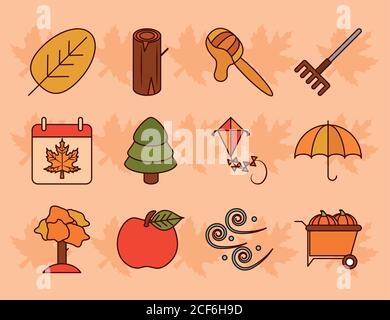 autumn season weather maple leaf basket hat pumpkin line and fill icons set vector illustration Stock Vector