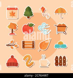 autumn season weather icons set stickers vector illustration Stock Vector