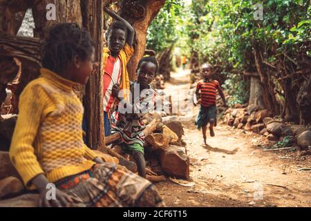 Omo Valley, Ethiopia - November 06, 2018: Kids of Konso tribe on terrace, Omo Valley, Ethiopia Stock Photo