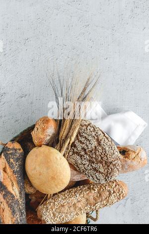 Natural Assortments of homemade breads. Flat lay. From above Stock Photo