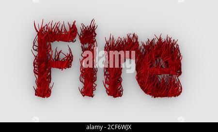 Fire - red word 3d isolated on white background, render illustration, Realistic tongues of flame burning, fur pelt. firefighters logo design template Stock Photo