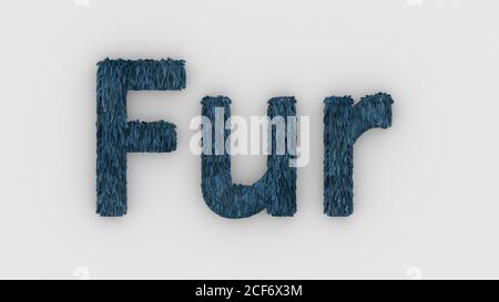 Fur - blue word 3d isolated on white background, realistic render of furry letters illustration. natural combination fur. fur pelt. animal fur. dog, c Stock Photo
