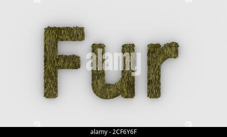 Fur - yellow word 3d isolated on white background, realistic render of furry letters illustration. natural combination fur. fur pelt. animal fur. dog, Stock Photo