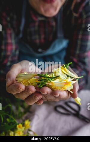 unrecognizable female professional florist making bouquets of various types. Roses. Yellow flowers. Coves Stock Photo