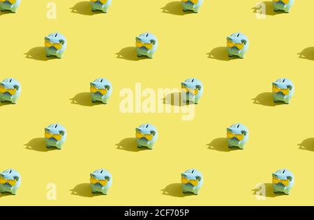 Trendy sunlight pattern made with blue pink with shadow on yellow background. Minimal concept. flat lay 