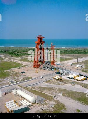 Aerial view of Launch Complex 14 with Missile Row visible to the right. Mercury-Atlas 9 (MA-9), visible on Pad 14, is scheduled to carry astronaut Gordon Cooper for the fourth manned orbital mission.