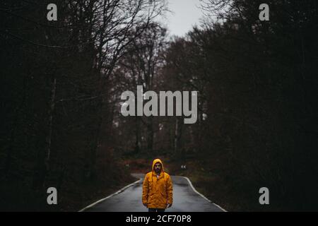 man in yellow jacket looking at camera standing on empty asphalt road among green forest Stock Photo