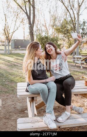 Smiling women taking selfie in park Stock Photo